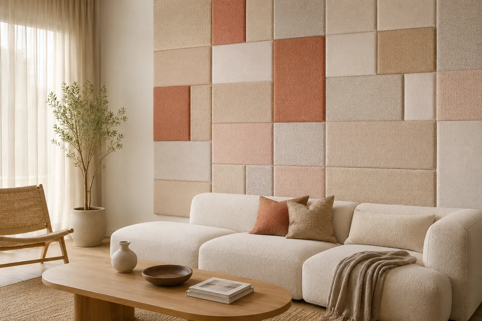 Elkészült textil panelfal világos nappaliban